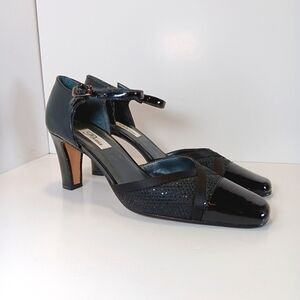 Portia Women's Black Leather Ankle Strap Heels Sequin Accents Size 7.5